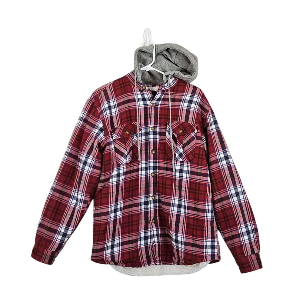 Lanesboro Men's Sherpa Lined Flannel shirt Jacket w Hoodie Red Plaid Size Med